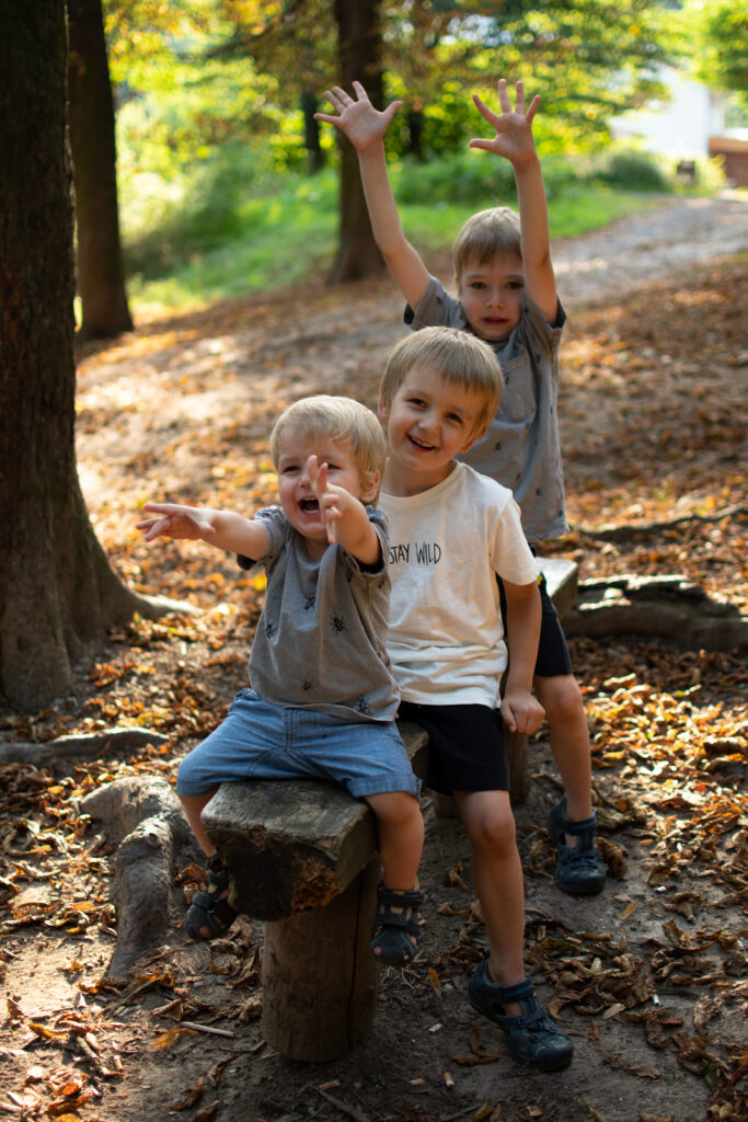 tři malí kluci sedí na lesní lavičce v lese